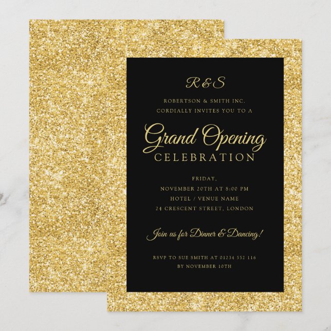 Monogramm des Grand Opening Gold Glitzer  Einladung (Vorne/Hinten)