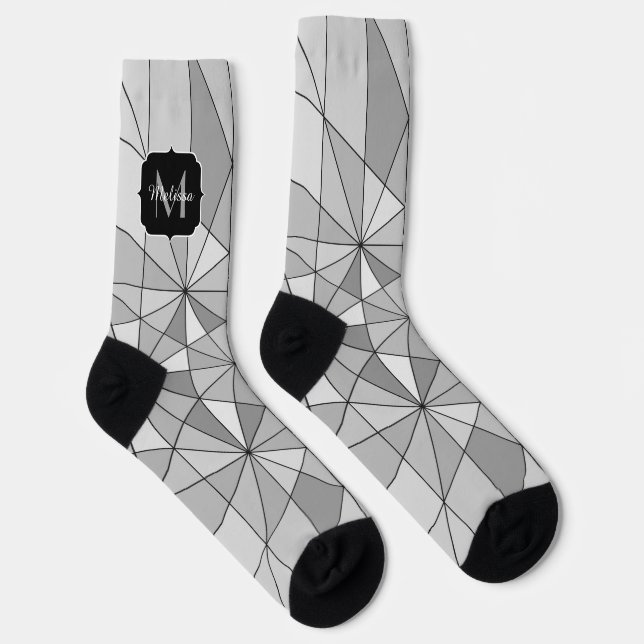 Monogramm des grauen Schwarz-weißen Mosaikdreiecks Socken (Rechts)
