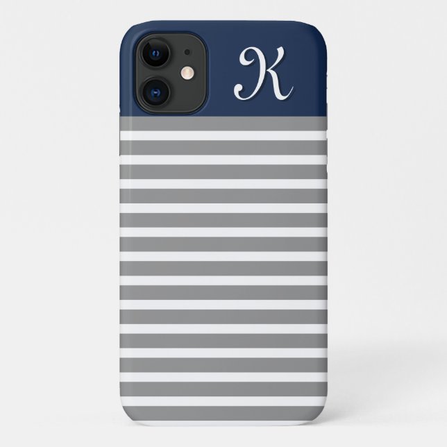 Monogramm des grauen und Navy Striping Musters Case-Mate iPhone Hülle (Rückseite)