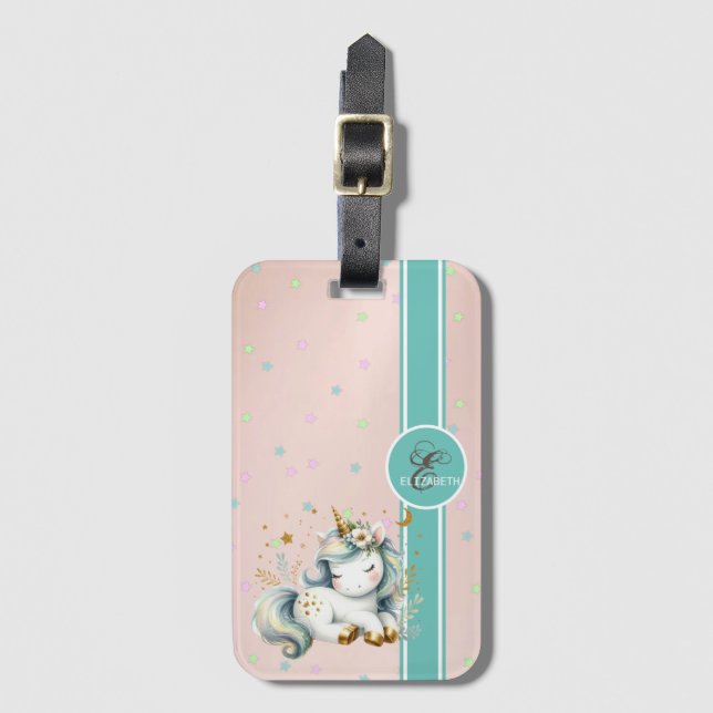 Monogramm des kleinen Einhorns, farbenfrohe Sterne Gepäckanhänger (Vorderseite Vertikal)