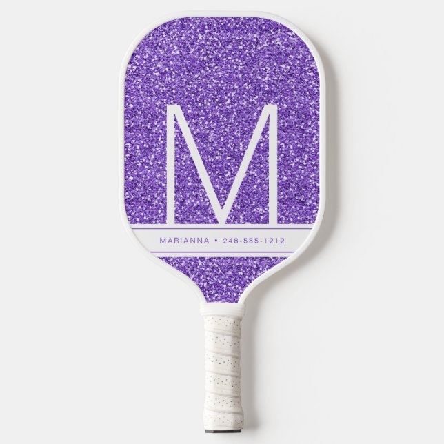 Monogramm des lila Glitzer Initial Personalisiert Pickleball Schläger (Vorderseite)