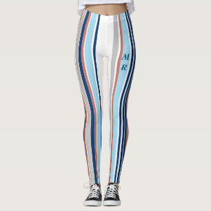 Monogramm des modernen blauen, grauen Streifen Leggings