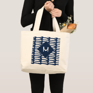 Monogramm des modernen blauen Streifen Jumbo Stoffbeutel