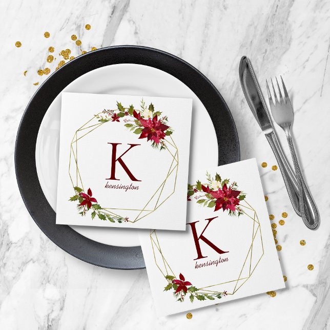 Monogramm des modernen geometrischen Reihenhauses Serviette (Modern Holiday Geometric Floral Wreath Monogram Napkins)