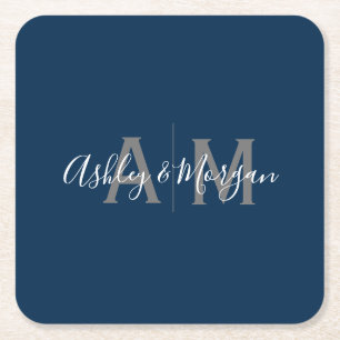 Monogramm des modernen grauen und blauen Paares Rechteckiger Pappuntersetzer