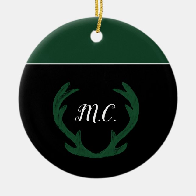 Monogramm des modernen grünen Hirschantlers Keramik Ornament (Vorne)