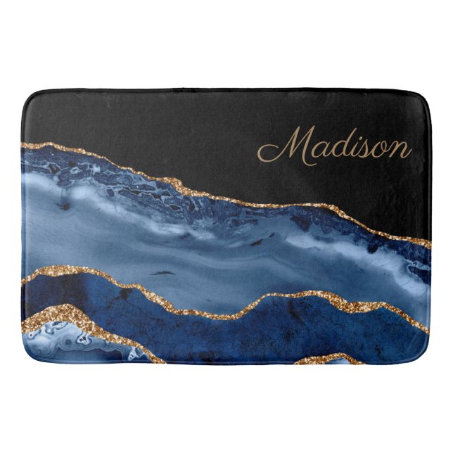 Monogramm des modernen Navy Blue-Gold-Marmor-Glitz Badematte (Vorderseite)