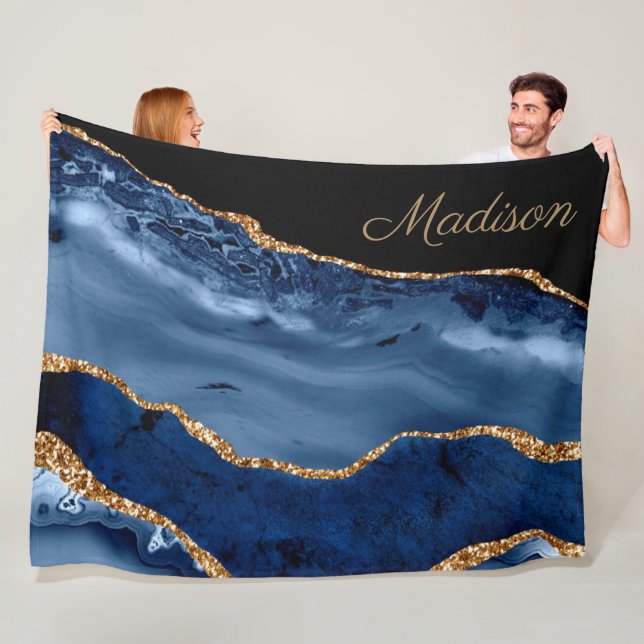 Monogramm des modernen Navy Blue-Gold-Marmor-Glitz Fleecedecke (Beispiel)