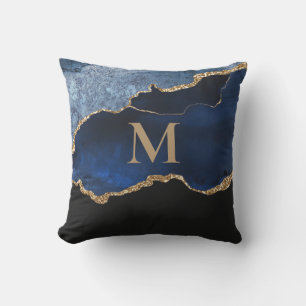 Monogramm des modernen Navy Blue-Gold-Marmor-Glitz Kissen