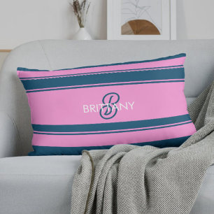 Monogramm des Musters für blaue und rosa Streifen Lendenkissen