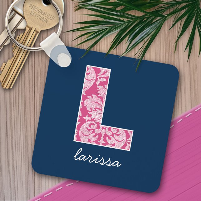 Monogramm des Musters "Navy and Hot Pink Damask Le Schlüsselanhänger (Personalized keychain - add a monogram and name)