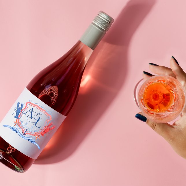 Monogramm des naukalen roten Hummer-Wappen Weinetikett (Von Creator hochgeladen)