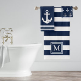 Monogramm des Nautic Heart Anchor Navy White Strip Badhandtuch Set