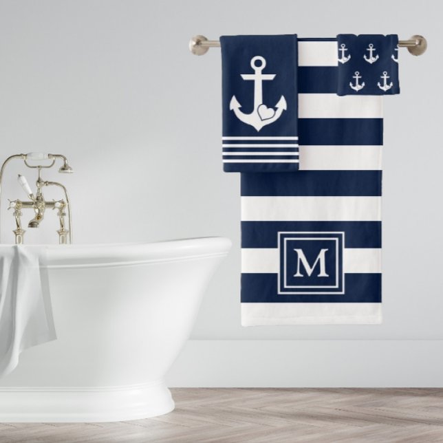 Monogramm des Nautic Heart Anchor Navy White Strip Badhandtuch Set (Von Creator hochgeladen)