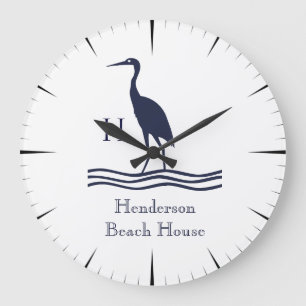 Monogramm des Nautic White Navy Blue Heron Coastal Große Wanduhr