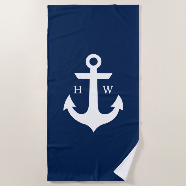 Monogramm des Navy Blue Anchor Strandtuch (Vorderseite)