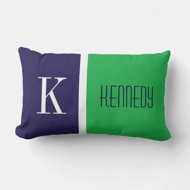 Monogramm des Navy Blue Kelly Green Color Block Lendenkissen (Vorderseite)