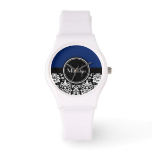 Monogramm des Navy Schwarz-weiß Damask Armbanduhr