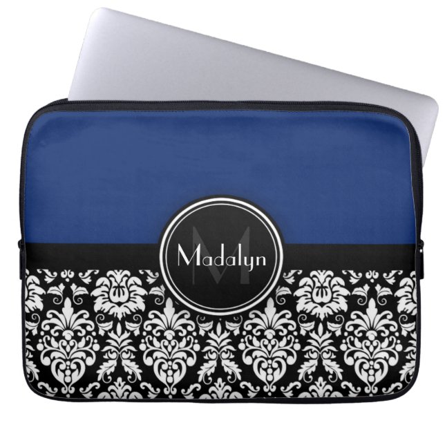 Monogramm des Navy Schwarz-weiß Damask Laptopschutzhülle (Vorderseite)