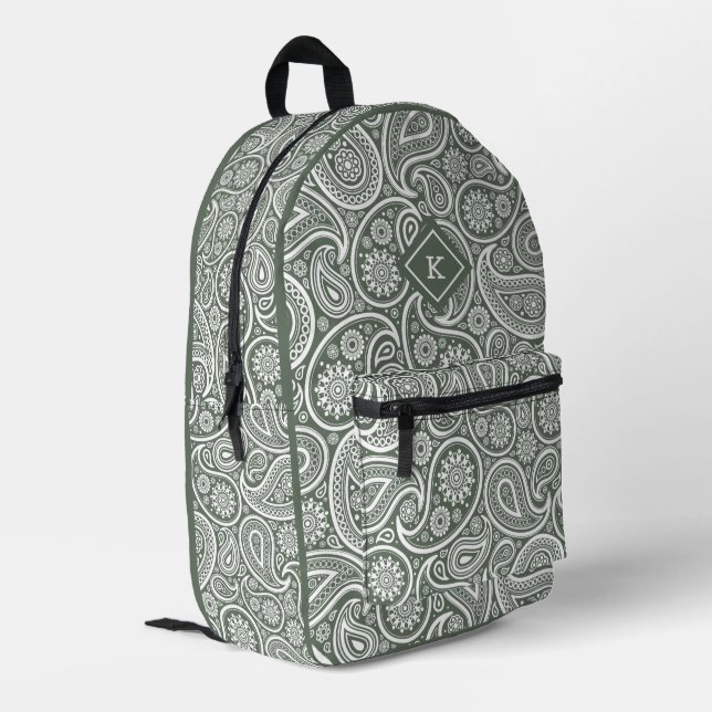 Monogramm des paisley-grünen und weißen Paisley-Mu Bedruckter Rucksack (Rückseitige Ecke links)