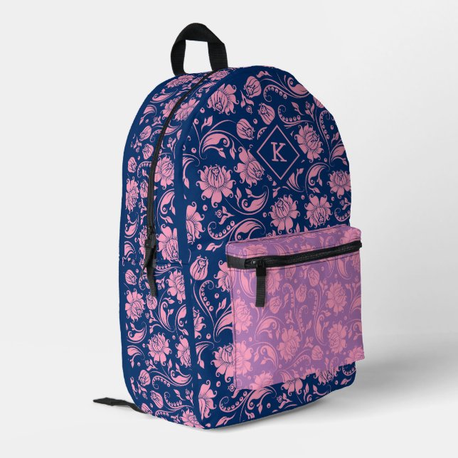 Monogramm des rosa und blauen Blumenstaubmusters Bedruckter Rucksack (Rückseitige Ecke links)