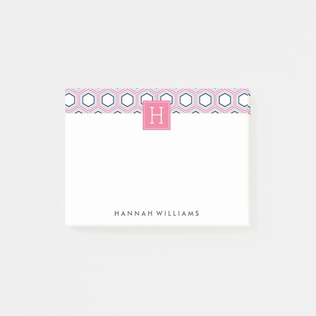 Monogramm des rosa und blauen geometrischen Muster Post-it Klebezettel (Vorderseite)