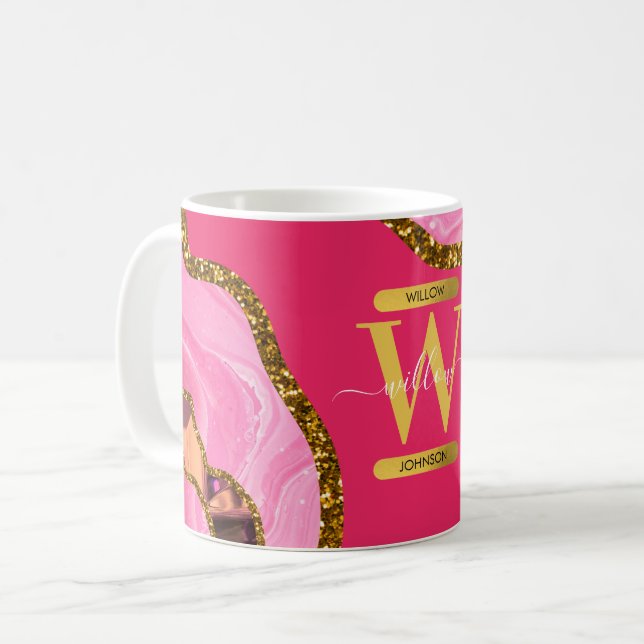Monogramm des rosa und goldfarbenen Agate-Geode-Gl Kaffeetasse (Vorderseite Links)