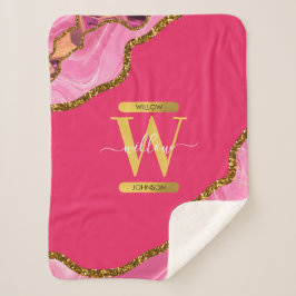 Monogramm des rosa und goldfarbenen Agate-Geode-Gl Sherpadecke