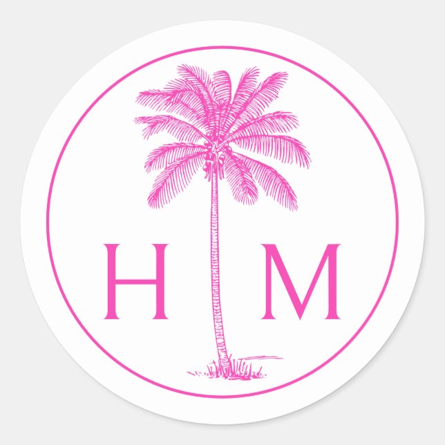 Monogramm des rosa und weißen Palm Palmetto Tree Runder Aufkleber (Vorderseite)