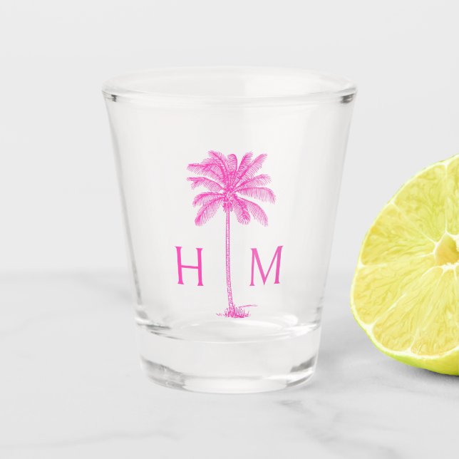 Monogramm des rosa und weißen Palm Palmetto Tree Schnapsglas (Vorderseite)