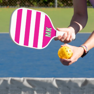 Monogramm des rosa und weißen Streifens Pickleball Schläger