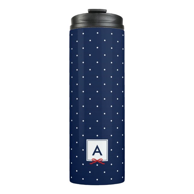 Monogramm des roten Ribbon Blue Polka-Dot-Musters Thermosbecher (Vorderseite)