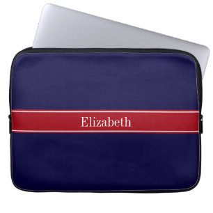 Monogramm des roten Ribbon-Namens "Solid Navy Blue Laptopschutzhülle