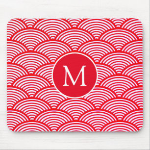 Monogramm des roten und weißen Scallop-Musters Mousepad