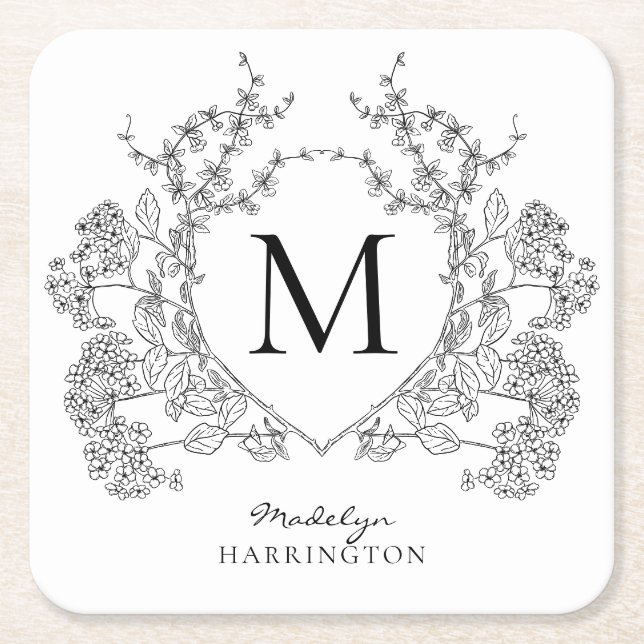 Monogramm des Schwarz-Weiß-Wappen Rechteckiger Pappuntersetzer (Vorderseite)