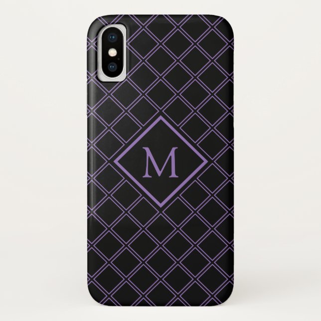 Monogramm des schwarzen und Lila Diamantmusters Case-Mate iPhone Hülle (Rückseite)