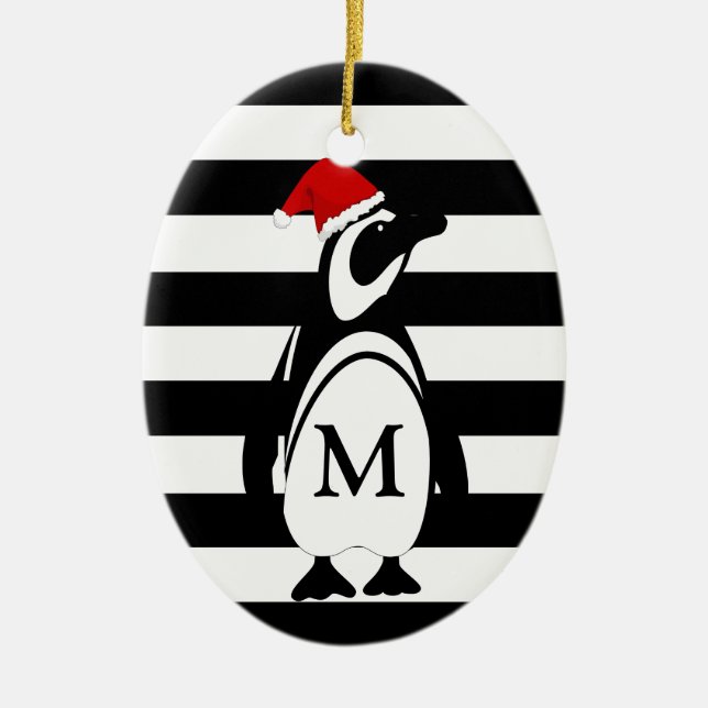 Monogramm des schwarzen und weißen Pinguins Keramik Ornament (Vorne)