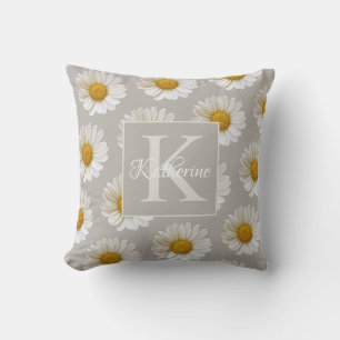 Monogramm des weißen Daisy-Musters Grau florale Kissen