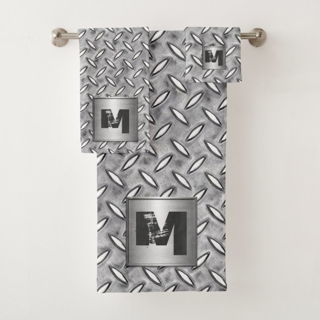 Monogramm-Diamant Metallplatten im Grau Badhandtuch Set (Insitu)