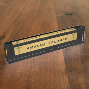 Monogramm-Doktor Nurse Black und GoldCaduceus Namensplakette