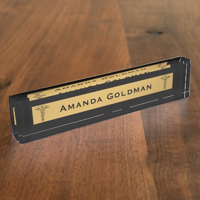 Monogramm-Doktor Nurse Black und GoldCaduceus Namensplakette (Seite)