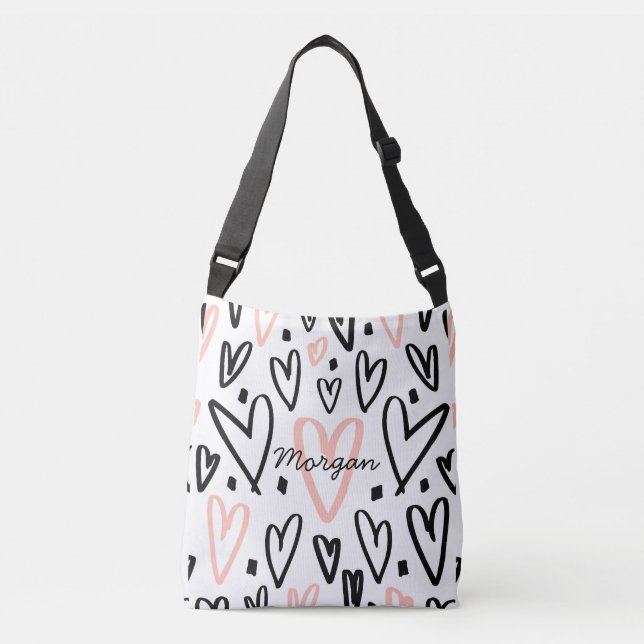 Monogramm Doodle Blush und Black Hearts Tragetaschen Mit Langen Trägern (Vorderseite)