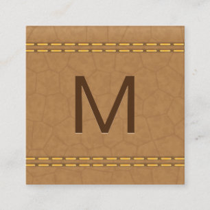 Monogramm   Doppelsteppnaht braunes Leder Quadratische Visitenkarte