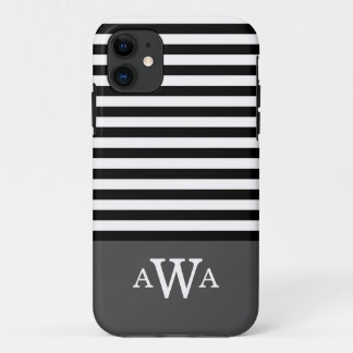 Monogramm, dreifach, graue Schwarz-weiße Streifen Case-Mate iPhone Hülle