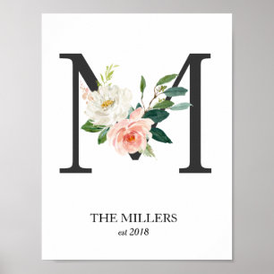 Monogramm-Druck, florale Buchstabe M, Hochzeit, Ki Poster