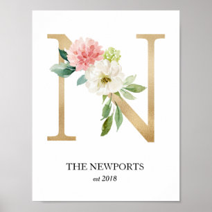 Monogramm-Druck, florale Buchstabe N, Hochzeit, Ki Poster