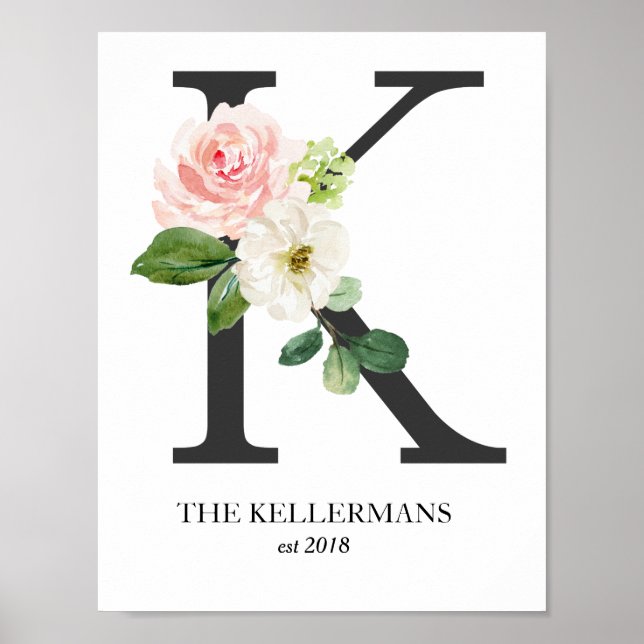 Monogramm drucken, Blumenschreiben K, Hochzeit, Ki Poster (Vorne)