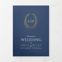 Monogramm dunkelblaue Blatthochzeit UAWG Dreifach Gefaltete Einladung