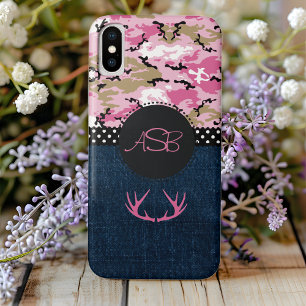 Monogramm dunkelblaue Jeans rosa Geweih süße Camo iPhone 16 Hülle