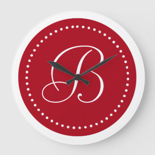 Monogramm dunkelrote/weiße Punktgrenze Große Wanduhr